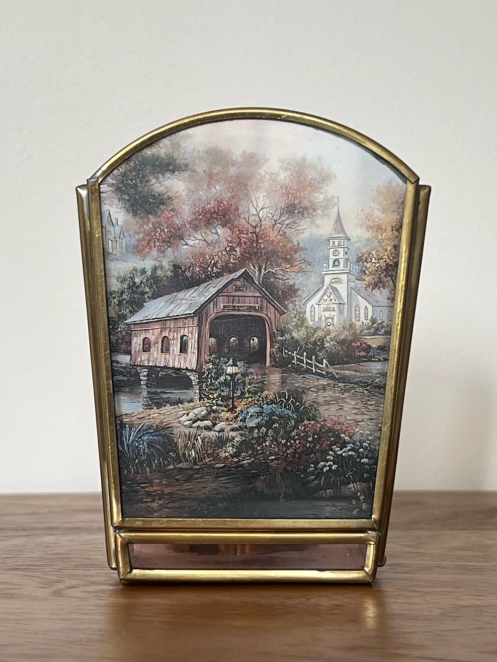 Vintage Thomas Kinkade Glass & Brass Votive Candle Holder - Razzberry Creek